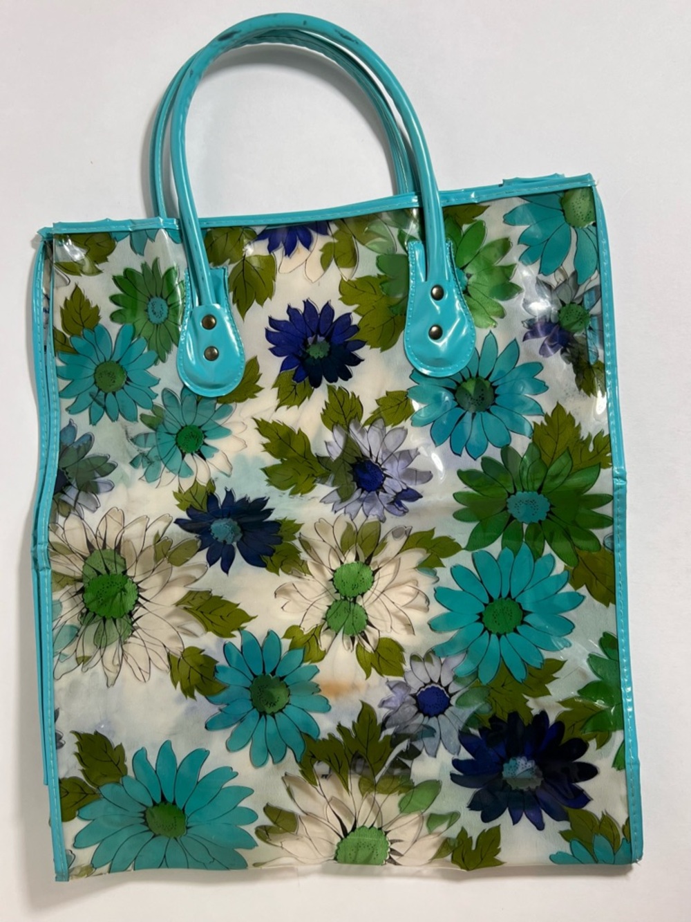 Groovy Vintage Clear Vinyl Retro Blue Green Floral Daisy Tote Bag 60s 70s - Picture 3 of 16